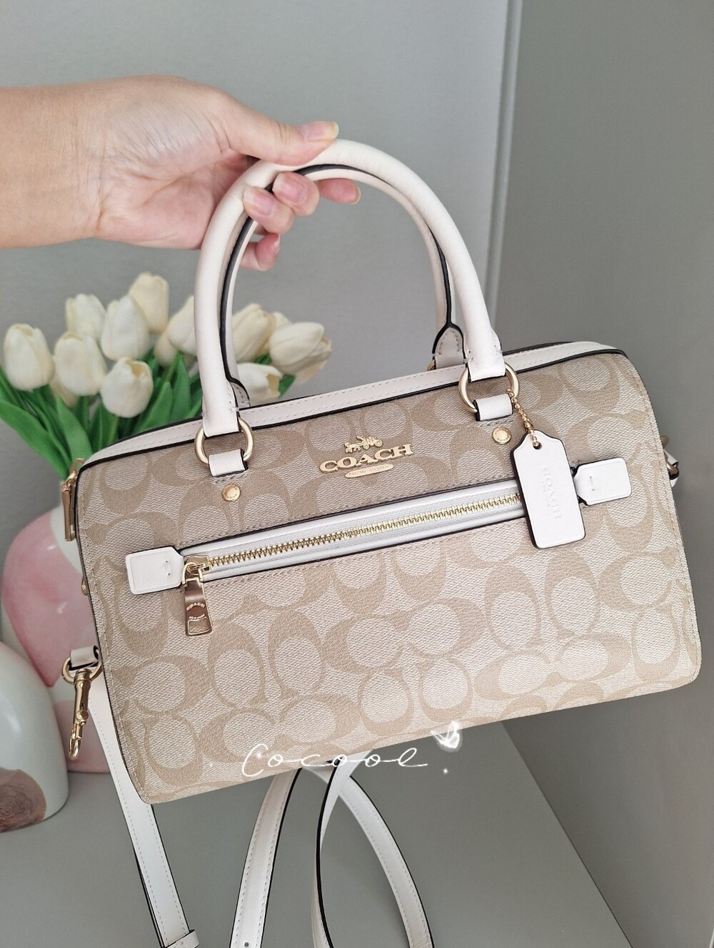 NWT COACH Rowan Satchel Crossbody Bag  Signature  F83607 LIGHT KHAKI CHALK